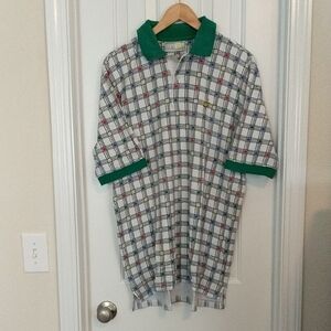 Green and White Polo Shirt with accent colors of blue, yellow and red